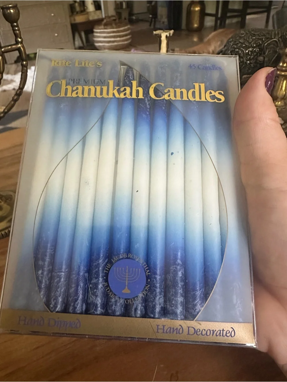 Rite Lite Hanukkah Brass Menorah with candles full box 45 made in India 9x6